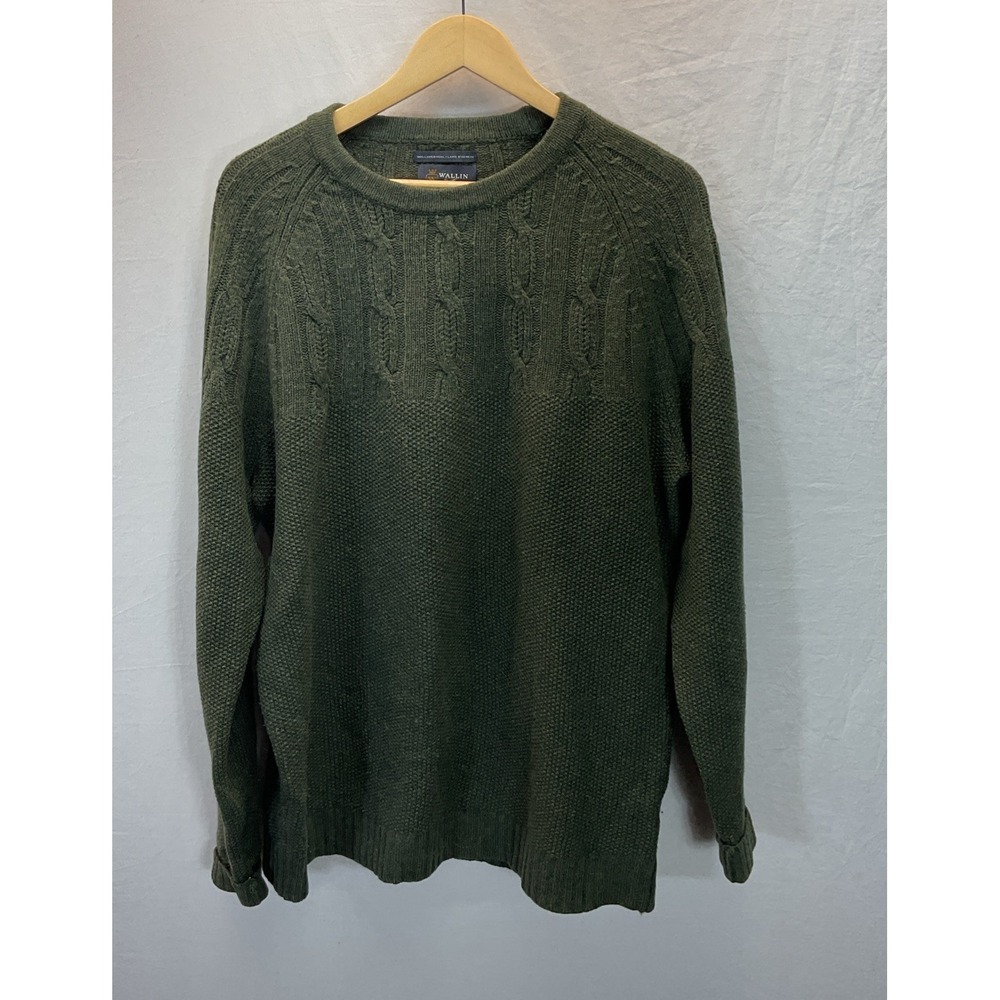 Wallin & Bros Mens L Fisherman Green 100% Lambswool Contrast Cable Knit Sweater